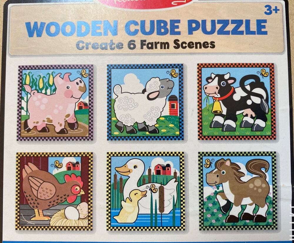 Melissa & Doug Wooden Cube Puzzle Farm Animals 6 Scenes Kids Toy Complete
